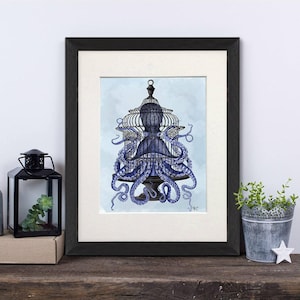 Octopus art - Octopus in cage blue - Squid Sea creature Octopus tentacle art Octopus decor Nautical decor Ocean art painting Coastal decor