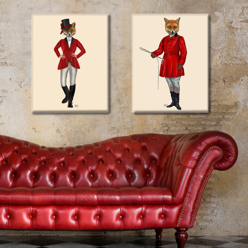 Fox hunting collection, Set of 2 prints, Fox pictures, Foxy wall art, Woodland fox art, Cabin decor, Gift for couple, Equestrian gift image 5