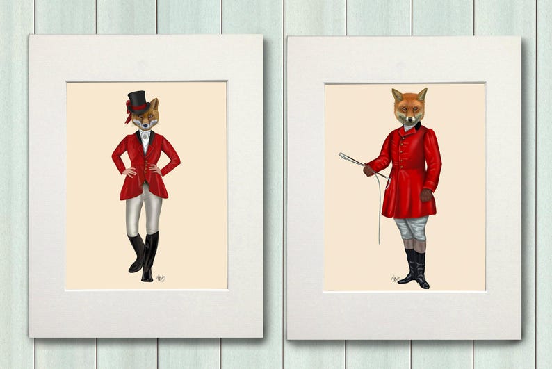 Fox hunting collection, Set of 2 prints, Fox pictures, Foxy wall art, Woodland fox art, Cabin decor, Gift for couple, Equestrian gift image 8