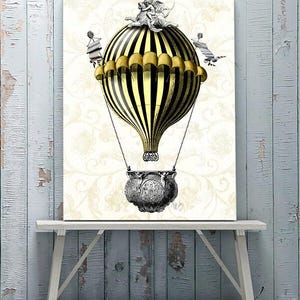 Hot Air Balloon Print - Baroque Balloon Black/Yellow  - Hot air balloon decor Hot air balloon art Hot air balloon wall art bedroom decor