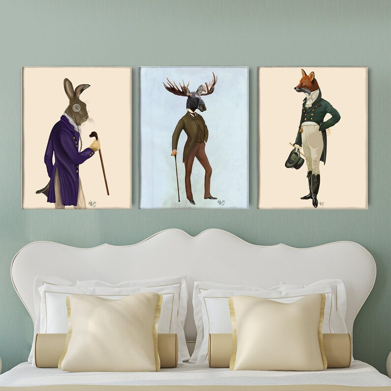Set of 3 prints, Anthropomorphic, Hare print, Moose wall art, Fox picture, Woodland animal art, Collection of art, Rabbit decor Large canvas image 5