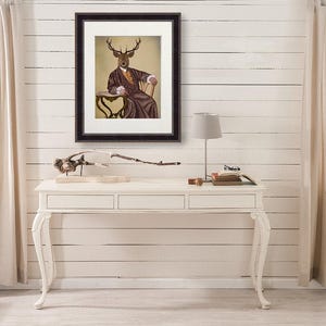 Library art - The Illustrious Deer - stag print stag decor stag wall art stag art print dining room art mens bedroom decor unique art print image 1