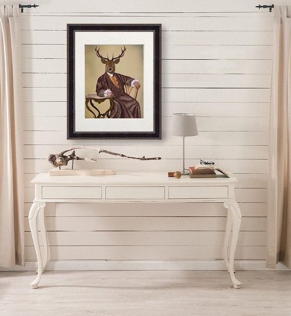 Library art - The Illustrious Deer - stag print stag decor stag wall art stag art print dining room art mens bedroom decor unique art print