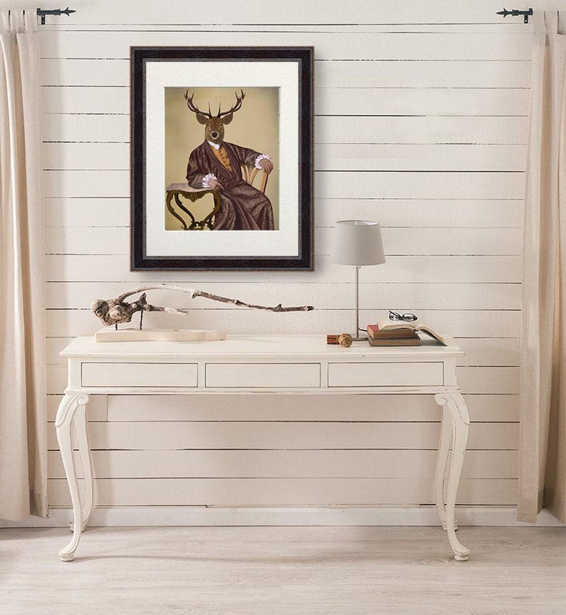 Library art - The Illustrious Deer - stag print stag decor stag wall art stag art print dining room art mens bedroom decor unique art print image 1