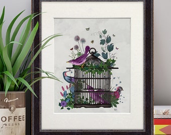 Bird art - Flower birdcage 2 - Bird print Bird gift Bird wall decor Butterflies Gift for sister Ivy print Flower painting Floral wall decor