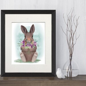 Bunny bouquet flowers, Cute rabbit print, Bunny rabbit art, Nursery decor, Kids room art, Floral print, Hare art print, Framed print canvas