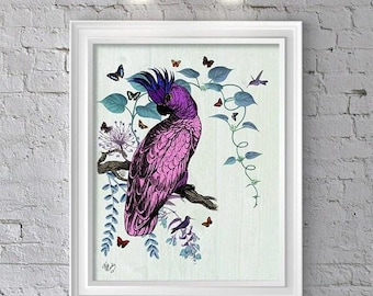 Impressão artística Giclée de papagaio rosa, decoração de parede tropical