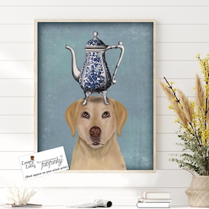 Labrador lover dog wall art cute Yellow Labrador print Labrador and Blue Teapot dog print dog art print dog wall decor gift for dog lover