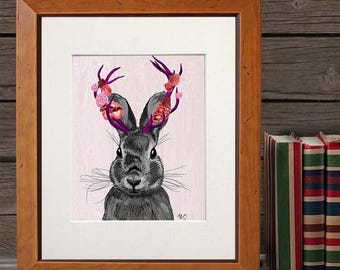 Jackalope-kunstprint: konijn met roze gewei, grillig muurdecor