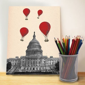 US Capitol Building Red Hot Air Balloons Digital Illustration Drawing Poster Digital Print Wall Art Wall Decor Wall Hanging image 1