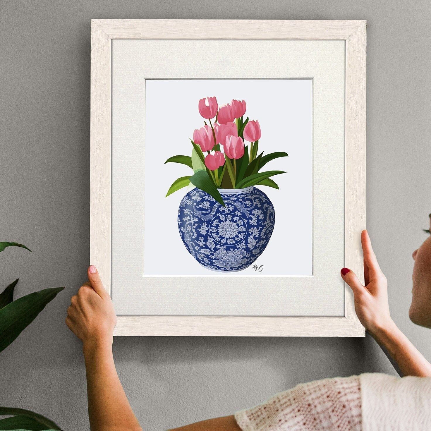 Chinoiserie vase Pink tulip flowers Floral interior art Etsy