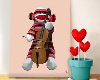 Sock Monkey Cello Art Print: Whimsical Nursery Decor