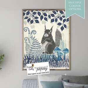 Squirrel Art Print, Lino Cut Style Squirrel Wall Art, beautiful portrait, country kitchen home decor, Woodland lover gift, botanical forest