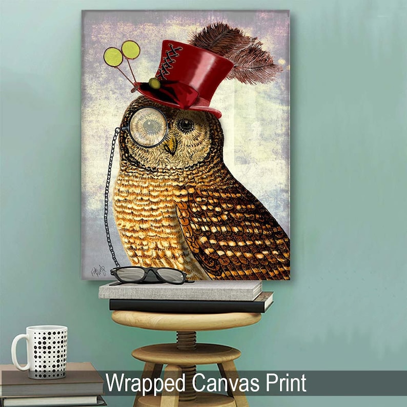 Owl in Top Hat Owl print art Steampunk Owl  Art Print Wall Hanging Wall Decor Wall Art