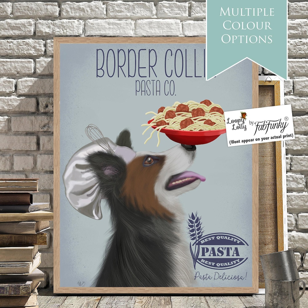 Border Collie Art Print, Black and White - Whimsical Dog With Spaghetti ...