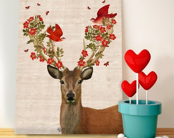 Deer Art Print - Deer and Love Birds - Deer decor Deer nursery Deer painting gift for wife red room decor red art print big sister gift