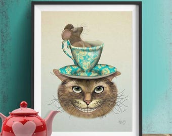 不思議の国のアリス プリント - チェシャ猫とカップ - チェシャ猫の