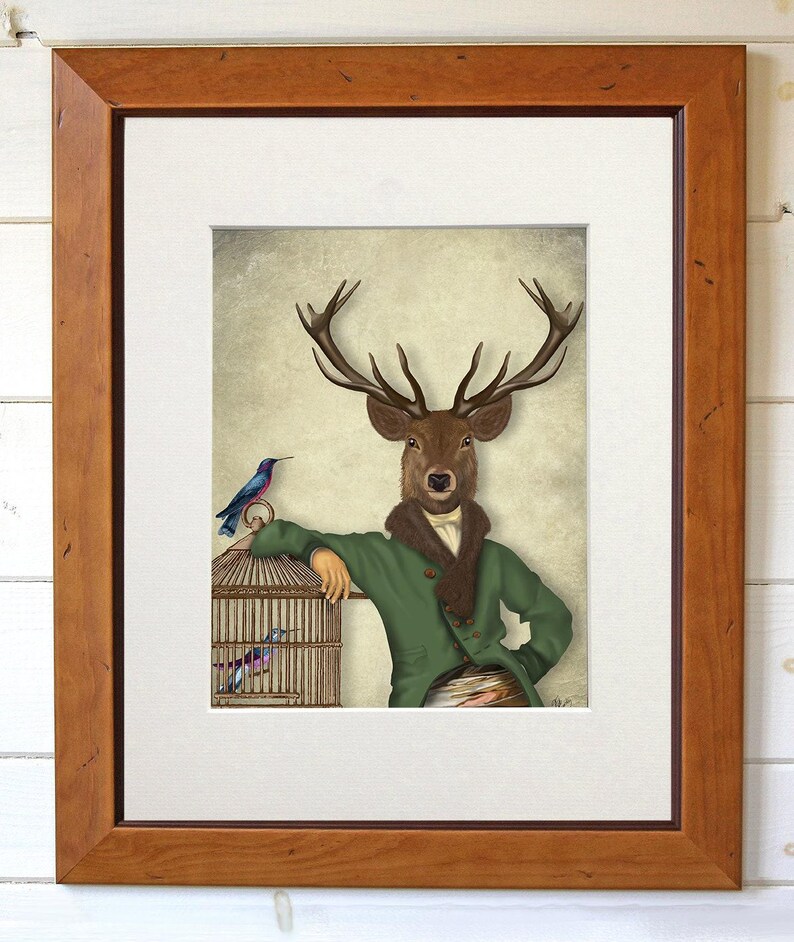 Deer poster British wildlife art, Portrait Deer & Bamboo cage - Deer Fine Art Print stag poster stag print digital painting fantasy deer image 2
