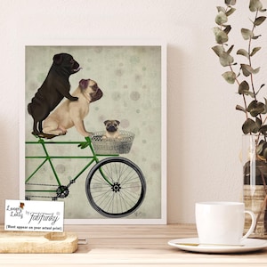 Pug dog art - Pug on bicycle - Pug gift Pug print art Pug art gift Pug lover Pug wall print Unique pug gift Cute pug art Funny pug print