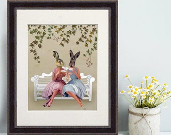 Rabbit Tea Party Giclee Art Print, Whimsical Wall Decor