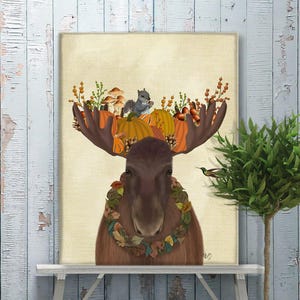Moose & Squirrel Fall Harvest Art Print: Log Cabin Decor