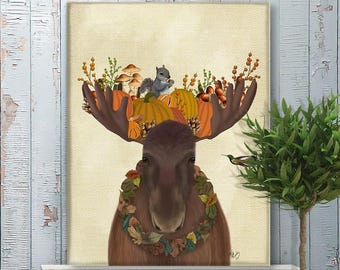 Moose & Squirrel Fall Harvest Art Print: Log Cabin Decor
