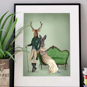 Deer Print - Deer & Mrs Rabbit Print - Deer wall art Deer poster stag art print deer decor Regency Style wall art  home decor gift for wife