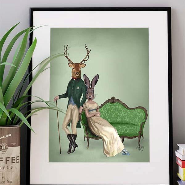 Deer Print - Deer & Mrs Rabbit Print - Deer wall art Deer poster stag art print deer decor Regency Style wall art  home decor gift for wife