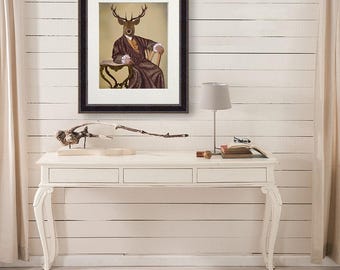 Deer print - The Illustrious Deer - Deer art man cave art Valentines gift for him gifts for men art for men living room art home decor stag