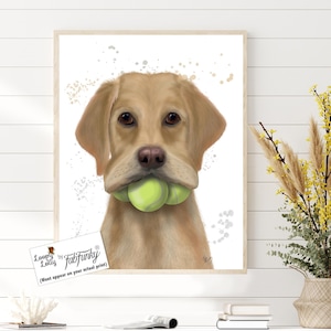 Yellow Labrador Retriever Art Print, Funny Yellow Lab Wall Art with Tennis Balls