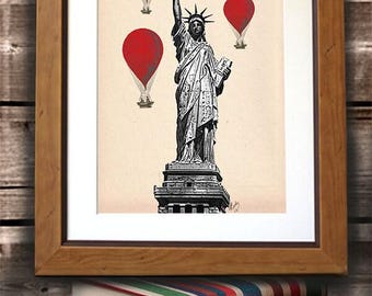 Statue of Liberty Art Print, Red Hot Air Balloons, New York Wall Decor