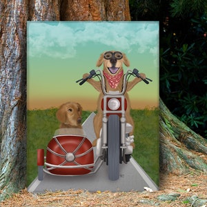 Golden retriever Mr and Mrs chopper and sidecar - Unique couple gift husband wife anniversary present engagement sunset art bike motorbike