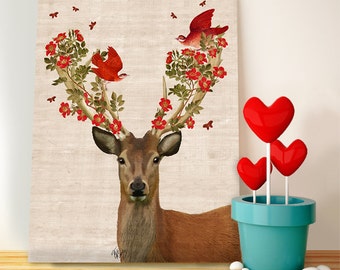 Deer Canvas Print - Deer and Love Birds  Deer picture Deer Canvas wall art Deer poster Woodland deer Valentines gift for her gift for mother
