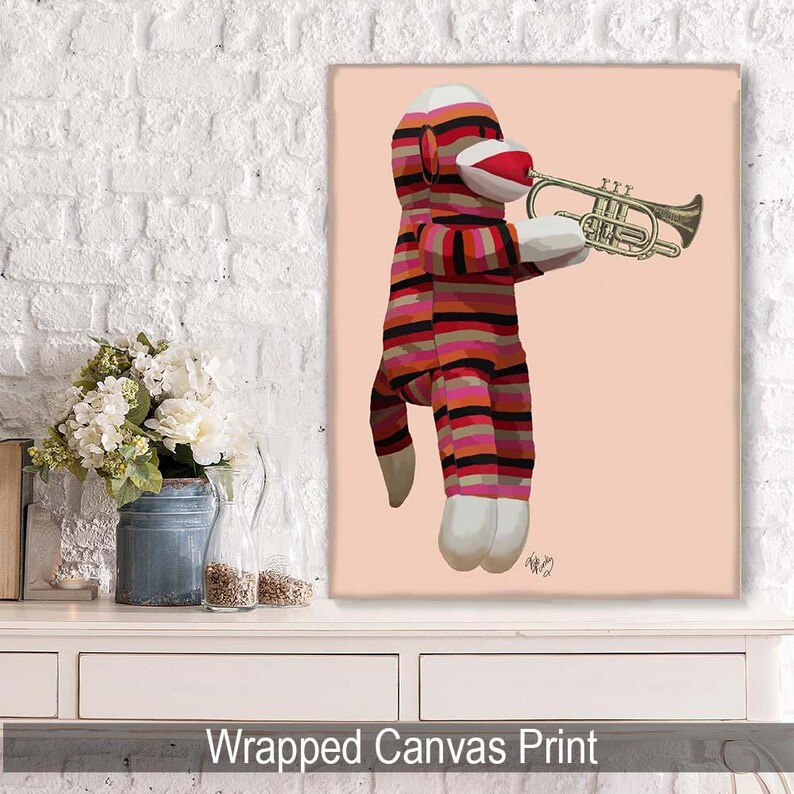 Music room decor - Sock Monkey Playing Trumpet - Music room art gift for musician musical nursery print cute art sock monkey art idea image 6