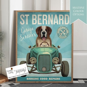 Stampa artistica del cane San Bernardo in un'auto hot rod, poster dell'officina, cane divertente in stile vintage, stampa personalizzata di auto d'epoca, decorazione da parete per garage