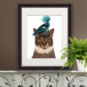 Calico cat wall art - Blue pigeon and Nest calico cat art print calico cat print tabby cat gift for cat lover home decor pet gift pigeon art