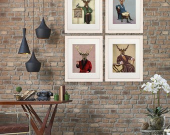 Láminas de arte de ciervos, juego de 4, decoración de astas de ciervo, imágenes de animales de la época de la Regencia.