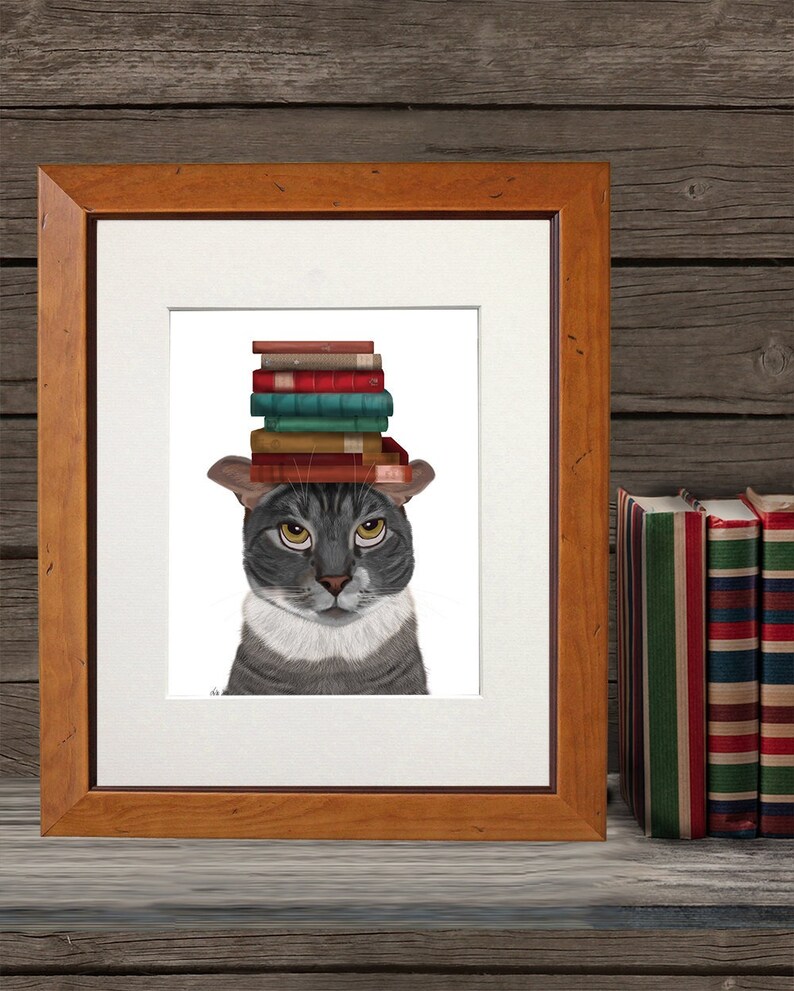 Grey Cat Books on Head Grey Cat Painting Grey Cat Print Book - Etsy