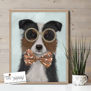 Collie Hund Malerei - Border Collie mit Brille und Fliege - Collie Kunst Poster Schottischer Schäferhund Jungen Kinderzimmer Dekor - Geschenk für Ihn