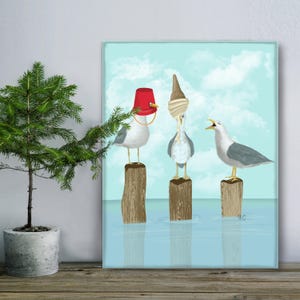 Seagull trio canvas art, Framed print of 3 funny birds, Beach house wall art, Bird coastal home decor, Nautical theme nursery wall art