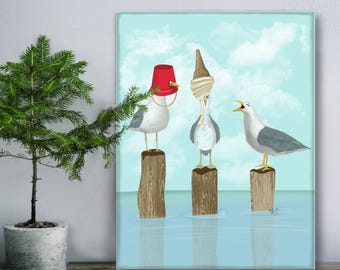 Funny Seagull Trio Art Print, Beach House Coastal Decor