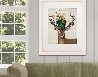 The Mad Hatter Deer print - Alice in wonderland decor deer illustration stag print stag painting deer wall art print Stag wall art whimsical