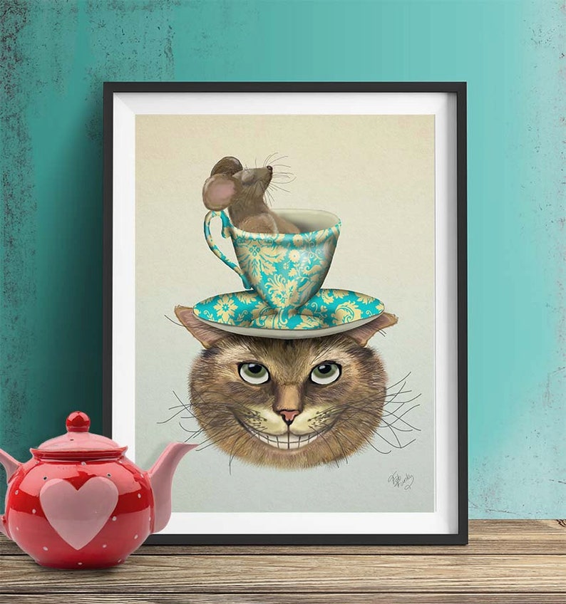 Alice in Wonderland Decor Cheshire Cat & Cup alice in wonderland tea party alice in wonderland print wonderland home decor wall decor image 1