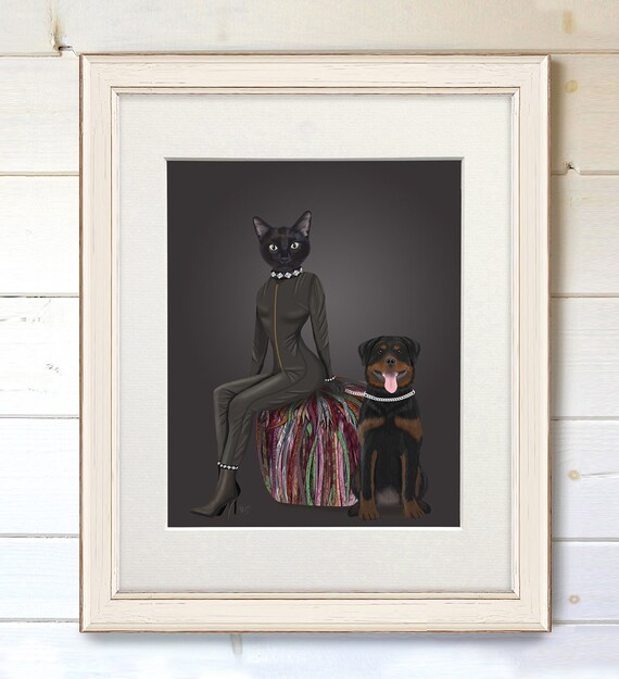 Erotic Painting Black Cat And Rottweiler Gay Room Decor Bondage Art Print Kinky Bedroom Decor Above Bed Art Bdsm Print Sexy Gift Wife