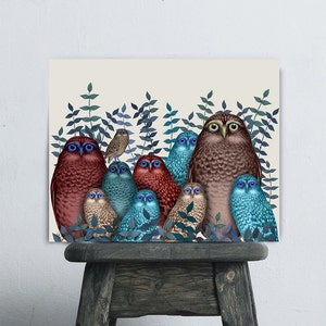 Owl gifts - Electric Owls Red and Blue owl wall art country couple gifts woodland illustration british wildlife gift for bird lover teacher