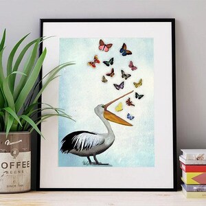 Pelican and Butterflies  Art Print, Acrylic Art Original Painting Print Mixed Media Wall Art, Wall Decor, Wall Hanging