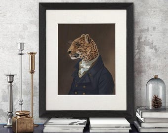 Leopard in Blue Jacket Art Print: Safari Animal Wall Decor