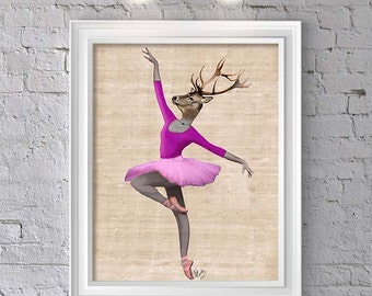 Ballet Deer Pink  Digital Art Illustration Mixed Media Original Print Animal Painting Print Wall Decor Wall hanging Wall Art
