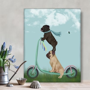 Pug art print Unique couple gift - Pugs on scooter - Kids room decor Nursery wall art Funny home decor Gift for couple Pug dog lover