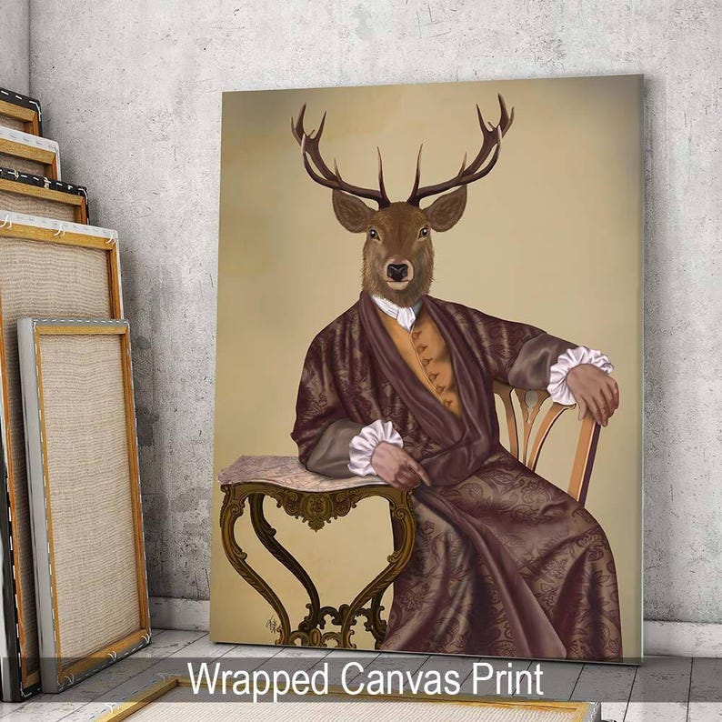 Library art - The Illustrious Deer - stag print stag decor stag wall art stag art print dining room art mens bedroom decor unique art print image 4